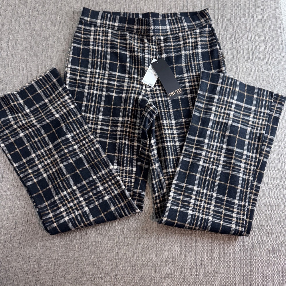 Truth by Republic Womens Plaid Pull On Pants Black Tan White Knit Trousers M